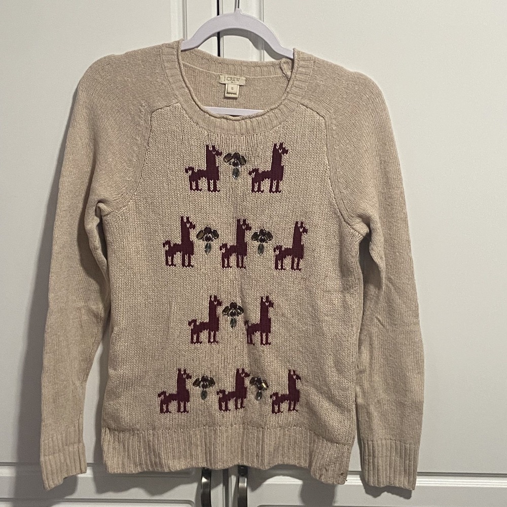 J Crew Merino Wool Blend Tan Llama Gem Embellished Crew Neck Sweater Small - Picture 1 of 4